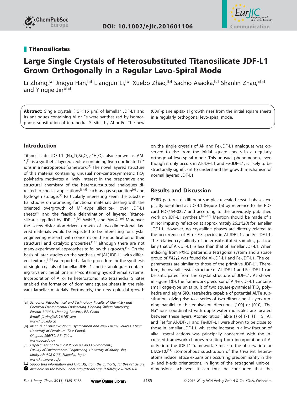 Large Single Crystals of Heterosubstituted Titanosilicate JDF‐L1 Grown Orthogonally in a Regular Levo‐Spiral Mode by Unknown