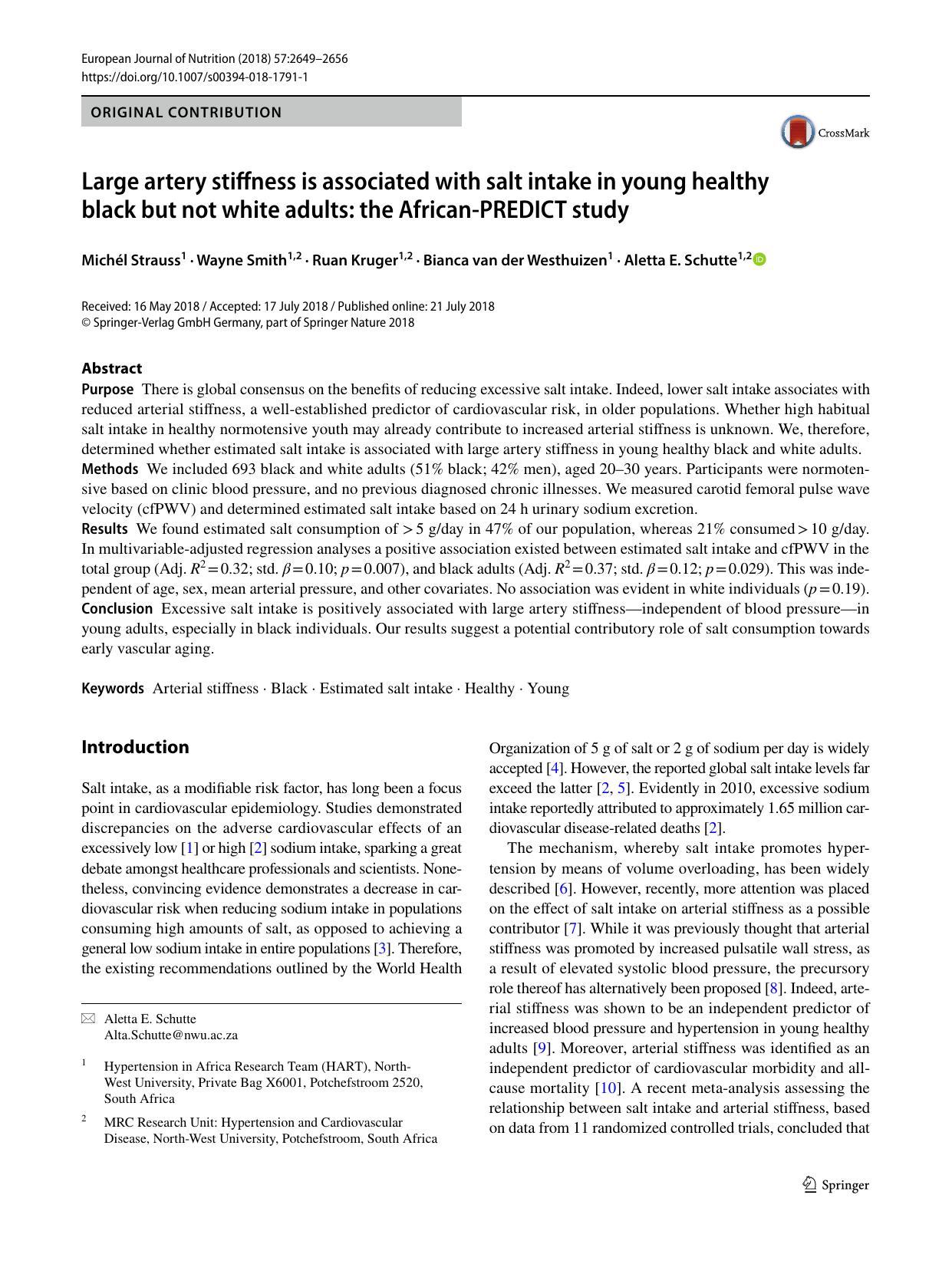 Large artery stiffness is associated with salt intake in young healthy black but not white adults: the African-PREDICT study by Michél Strauss