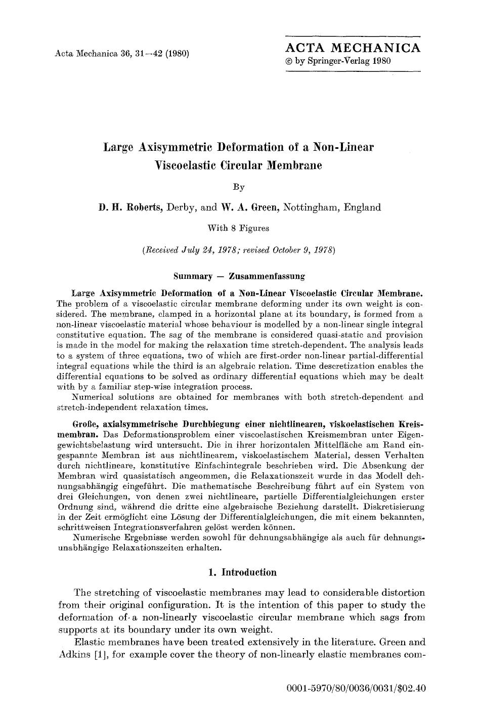 Large axisymmetric deformation of a non-linear viscoelastic circular membrane by Unknown