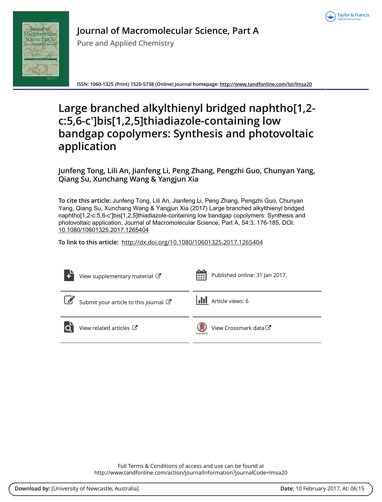 Large branched alkylthienyl bridged naphtho[1,2-c:5,6-c&prime;]bis[1,2,5]thiadiazole-containing low bandgap copolymers: Synthesis and photovoltaic application by unknow
