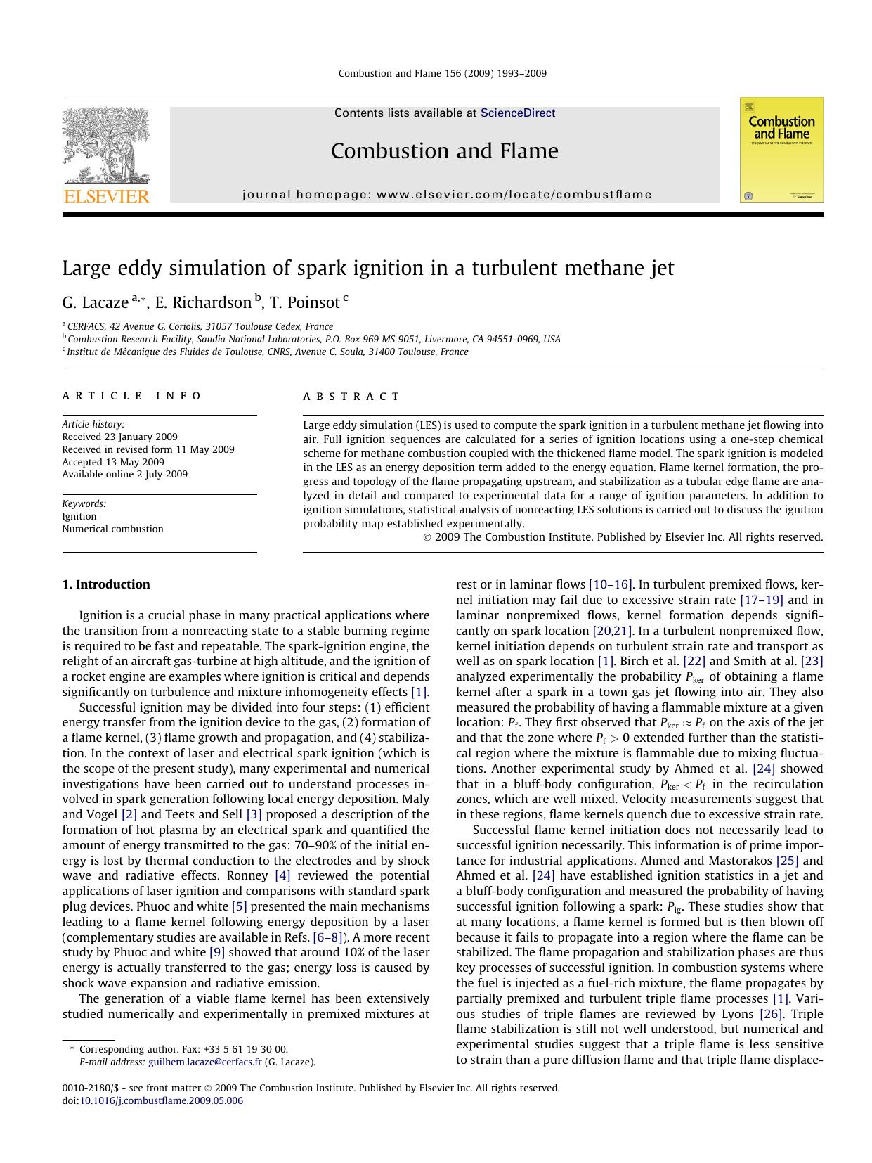 Large eddy simulation of spark ignition in a turbulent methane jet by G. Lacaze; E. Richardson; T. Poinsot