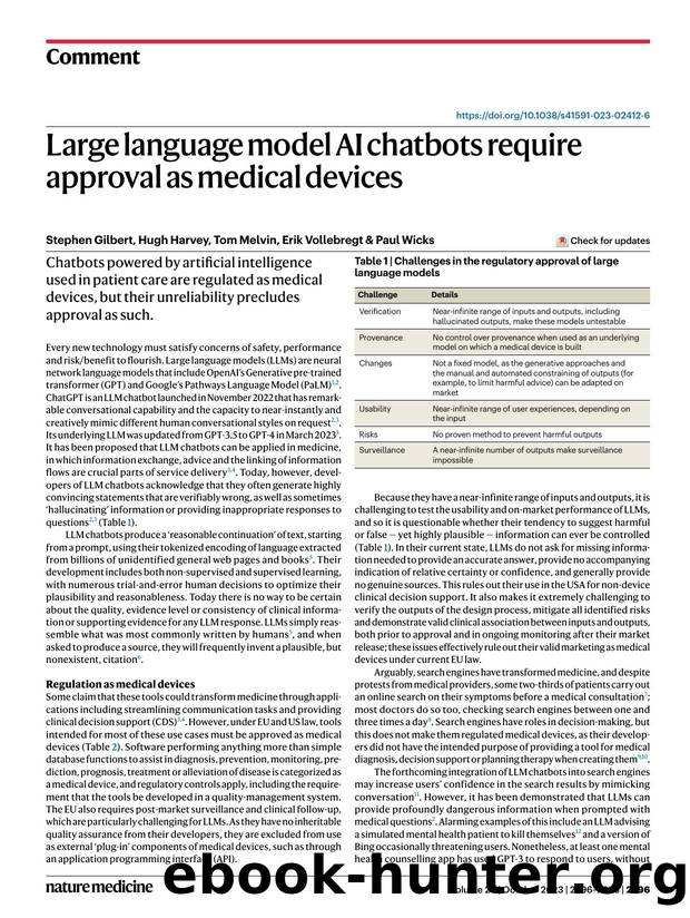 Large language model AI chatbots require approval as medical devices by Stephen Gilbert & Hugh Harvey & Tom Melvin & Erik Vollebregt & Paul Wicks