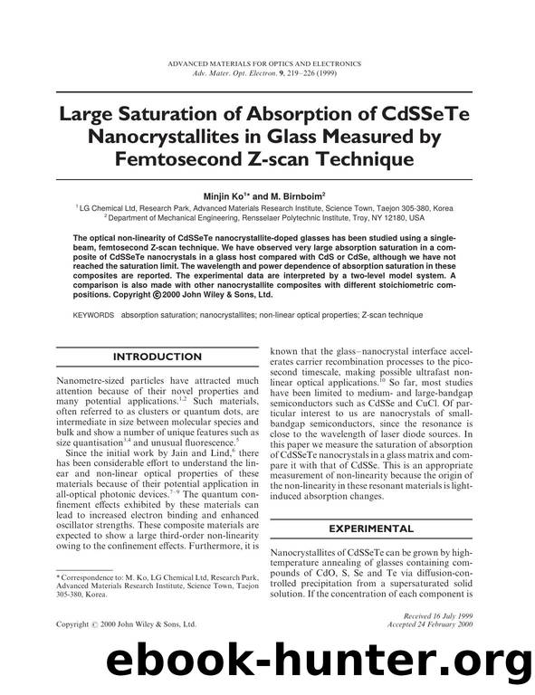 Large saturation of absorption of CdSSeTe nanocrystallites in glass measured by femtosecond Z-scan technique by Unknown