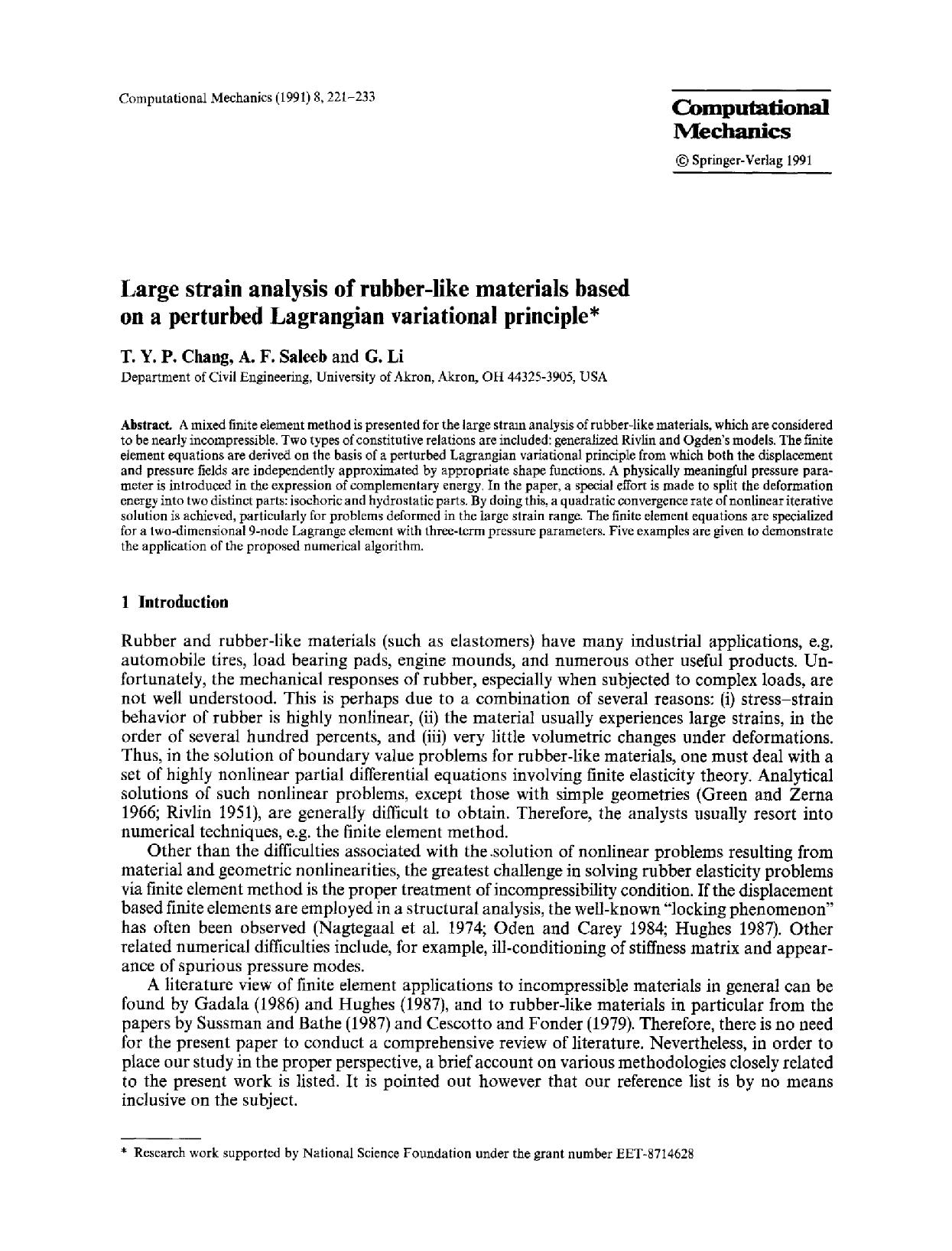 Large strain analysis of rubber-like materials based on a perturbed Lagrangian variational principle by Unknown