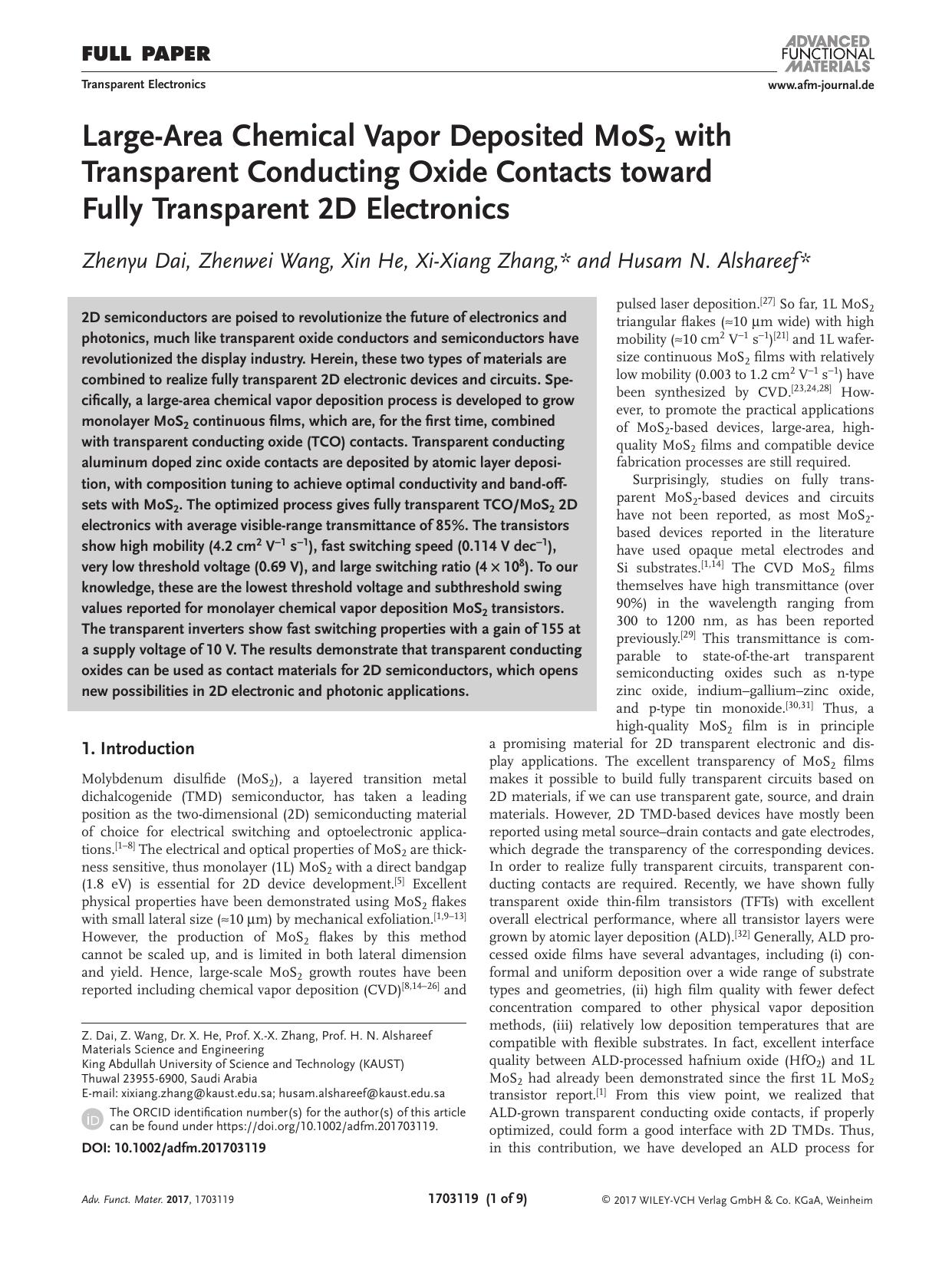 Large&#x02010;Area Chemical Vapor Deposited MoS2 with Transparent Conducting Oxide Contacts toward Fully Transparent 2D Electronics by Unknown