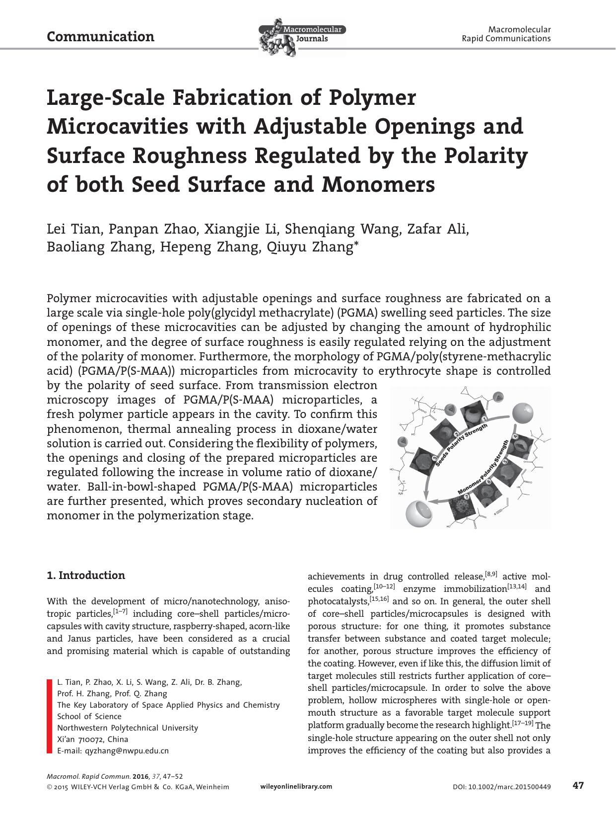 Large&#x02010;Scale Fabrication of Polymer Microcavities with Adjustable Openings and Surface Roughness Regulated by the Polarity of both Seed Surface and Monomers by Unknown