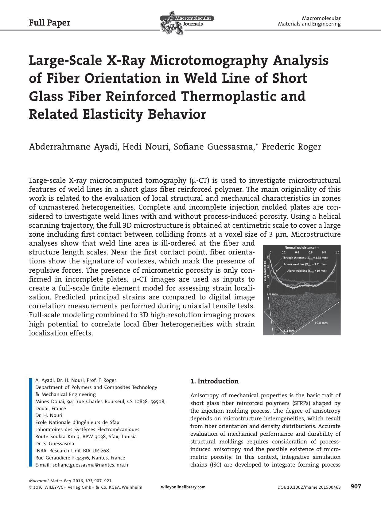 Large‐Scale X‐Ray Microtomography Analysis of Fiber Orientation in Weld Line of Short Glass Fiber Reinforced Thermoplastic and Related Elasticity Behavior by Unknown