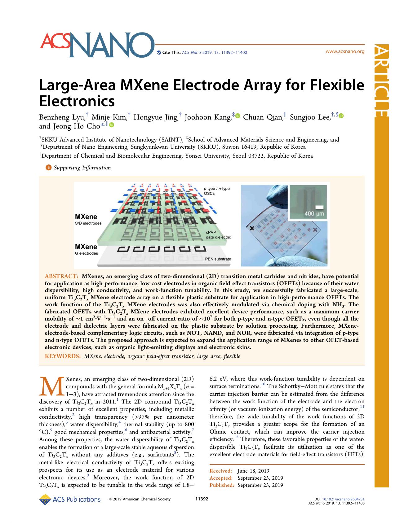 Large-Area MXene Electrode Array for Flexible Electronics by Benzheng Lyu Minje Kim Hongyue Jing Joohoon Kang Chuan Qian Sungjoo Lee and Jeong Ho Cho