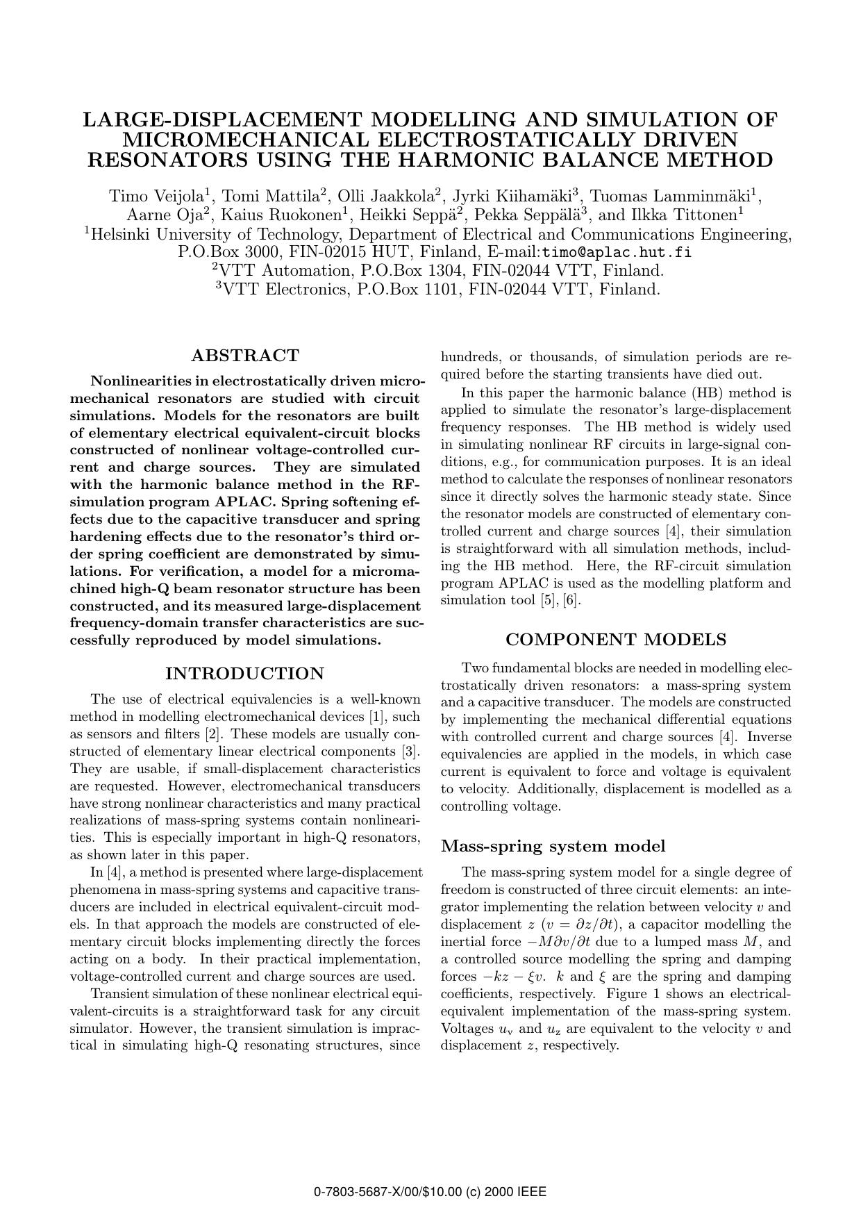 Large-Displacement Modelling and Simulation of Micromechanical Electrostatically Driven Resonators Using the Harmonic Balance Method by unknow