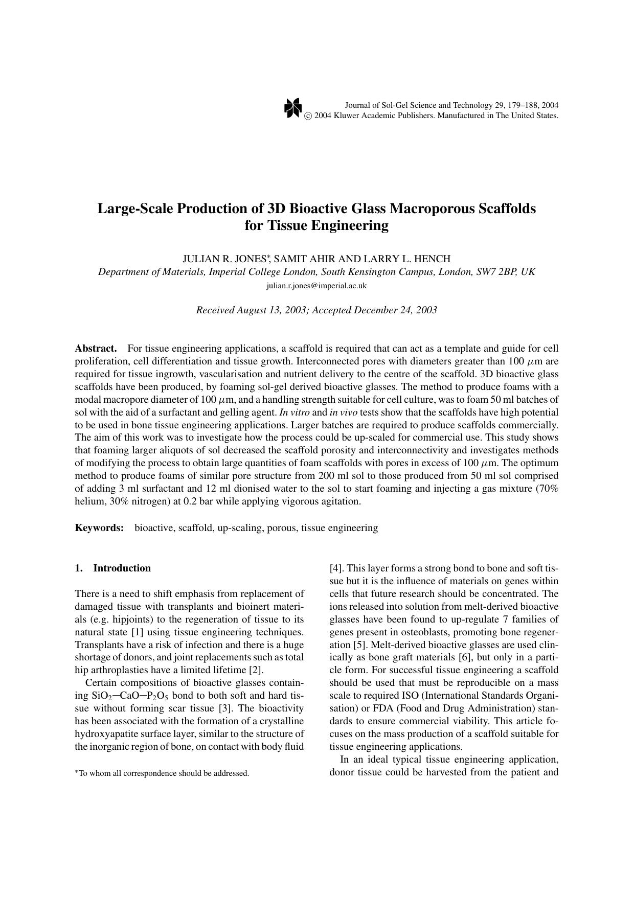 Large-Scale Production of 3D Bioactive Glass Macroporous Scaffolds for Tissue Engineering by Unknown