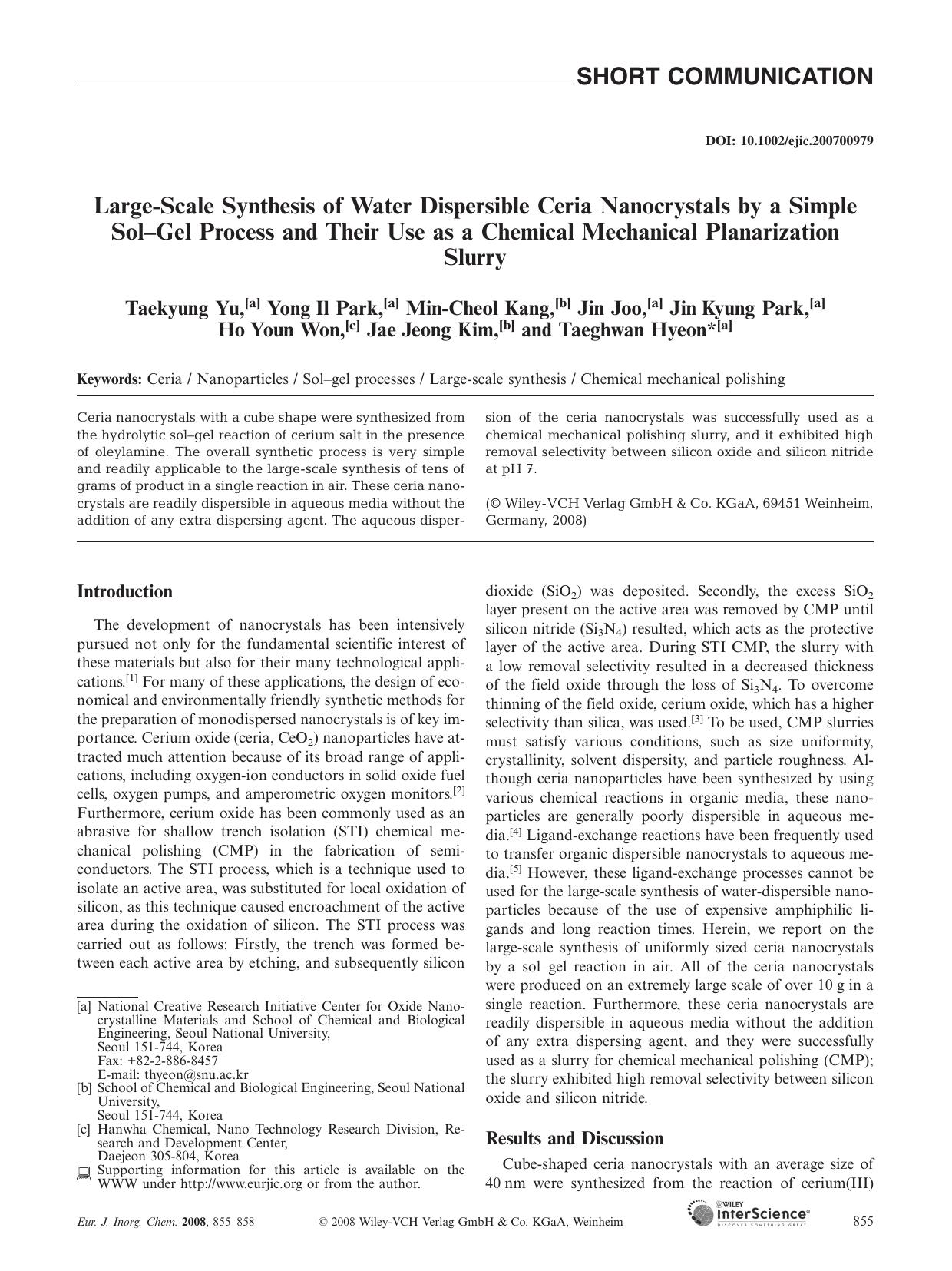Large-Scale Synthesis of Water Dispersible Ceria Nanocrystals by a Simple Sol-Gel Process and Their Use as a Chemical Mechanical Planarization Slurry by Unknown