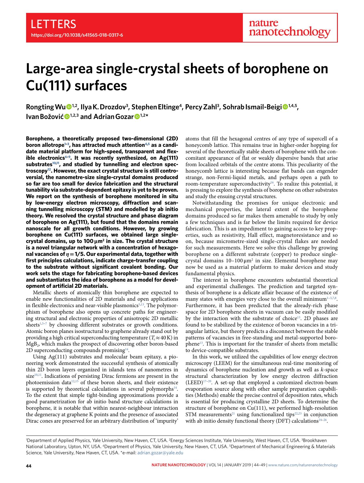 Large-area single-crystal sheets of borophene on Cu(111) surfaces by unknow