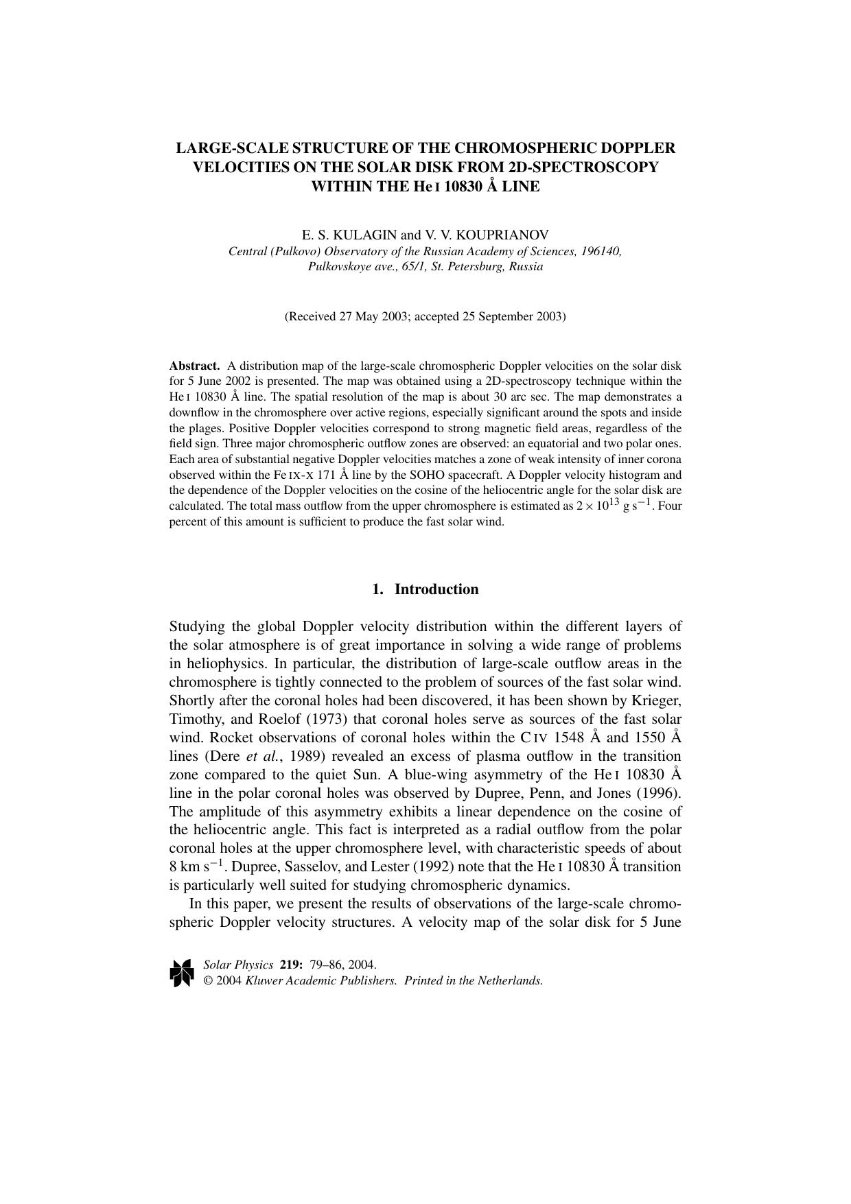 Large-scale Structure of the Chromospheric Doppler Velocities on the Solar Disk from 2D-spectroscopy within the H<Emphasis Type="Italic">e<Emphasis>&#x2009; I 10830&#x00A0;&#x00C5; Line by Unknown