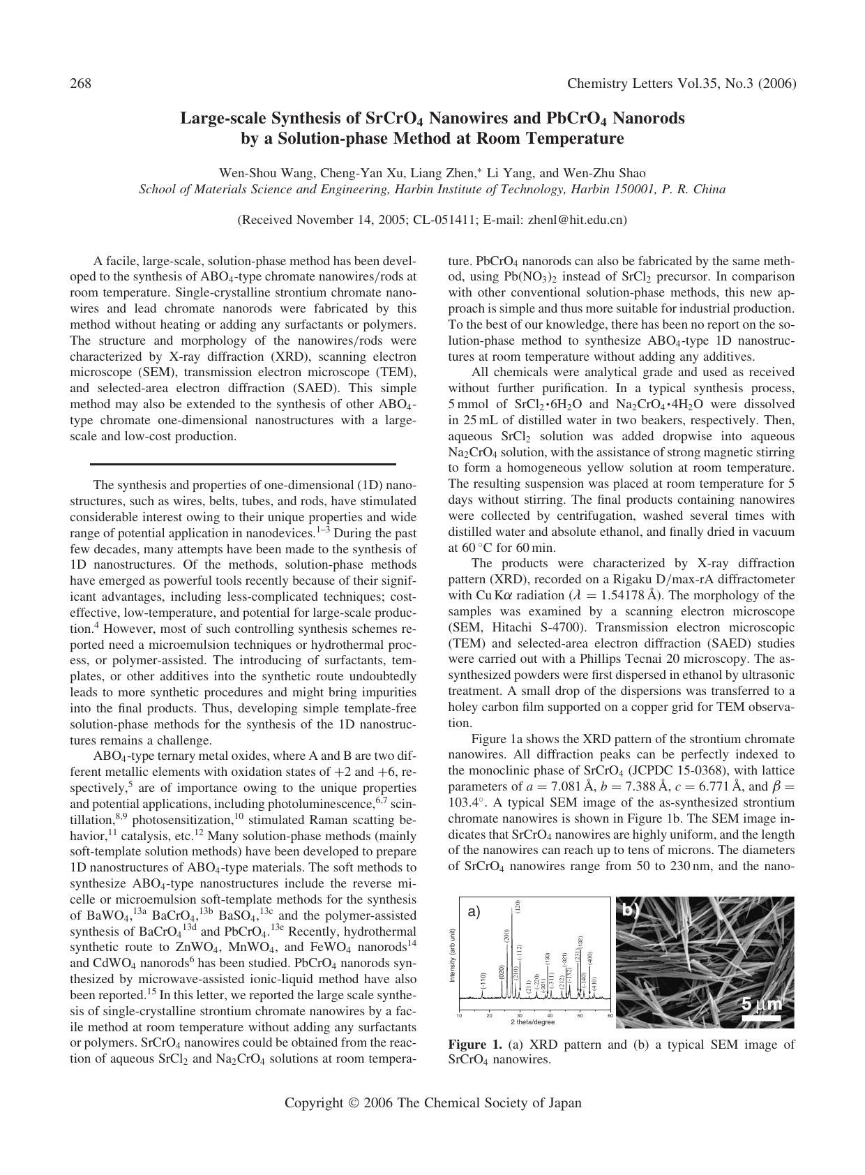 Large-scale Synthesis of SrCrO_{4} Nanowires and PbCrO_{4} Nanorods by a Solution-phase Method at Room Temperature by Wen-Shou Wang Cheng-Yan Xu Liang Zhen Li Yang and Wen-Zhu Shao