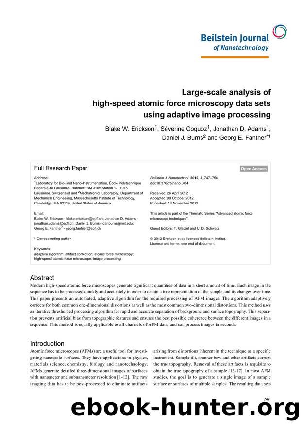 Large-scale analysis of high-speed atomic force microscopy data sets using adaptive image processing by Blake W. Erickson Séverine Coquoz Jonathan D. Adams Daniel J. Burns Georg E. Fantner