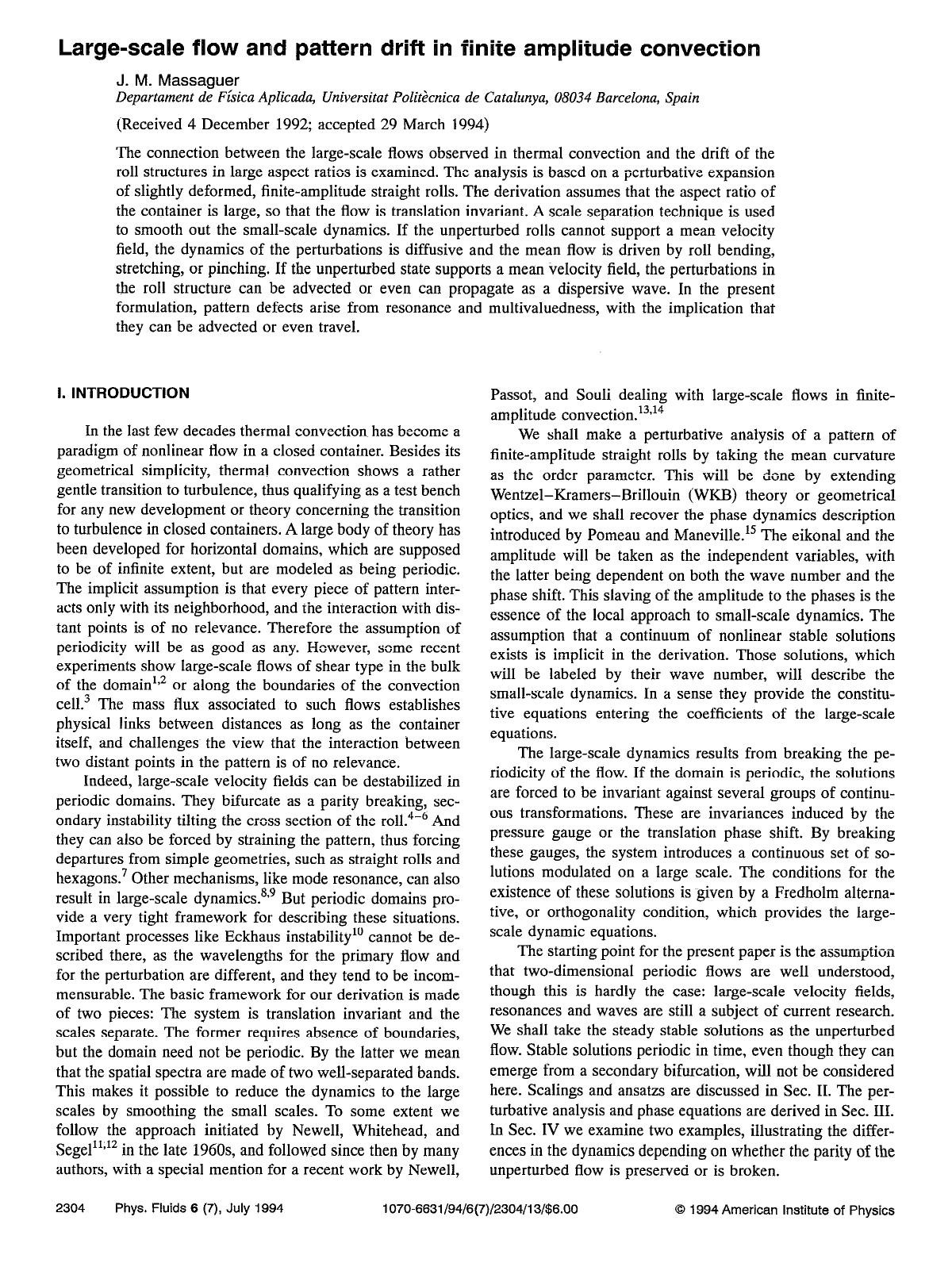 Large-scale flow and pattern drift in finite amplitude convection by J. M. Massaguer