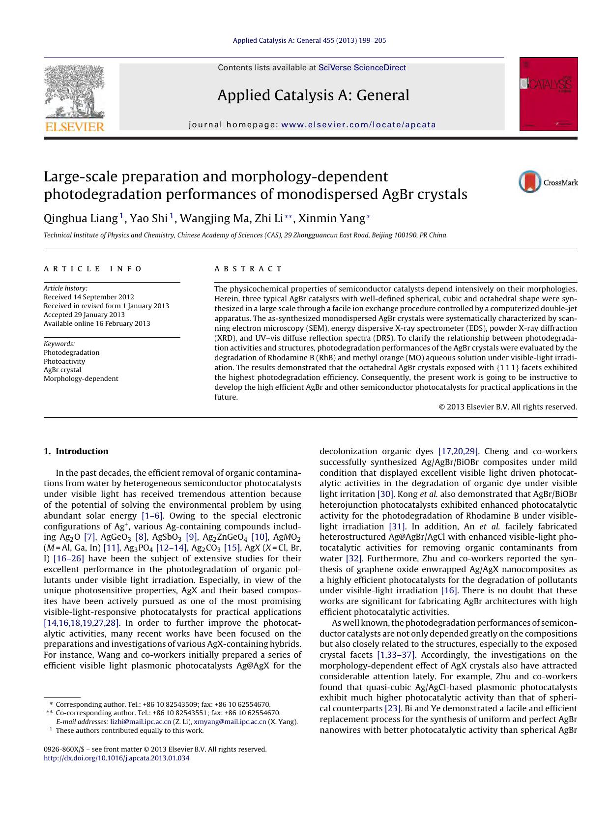 Large-scale preparation and morphology-dependent photodegradation performances of monodispersed AgBr crystals by Qinghua Liang & Yao Shi & Wangjing Ma & Zhi Li & Xinmin Yang