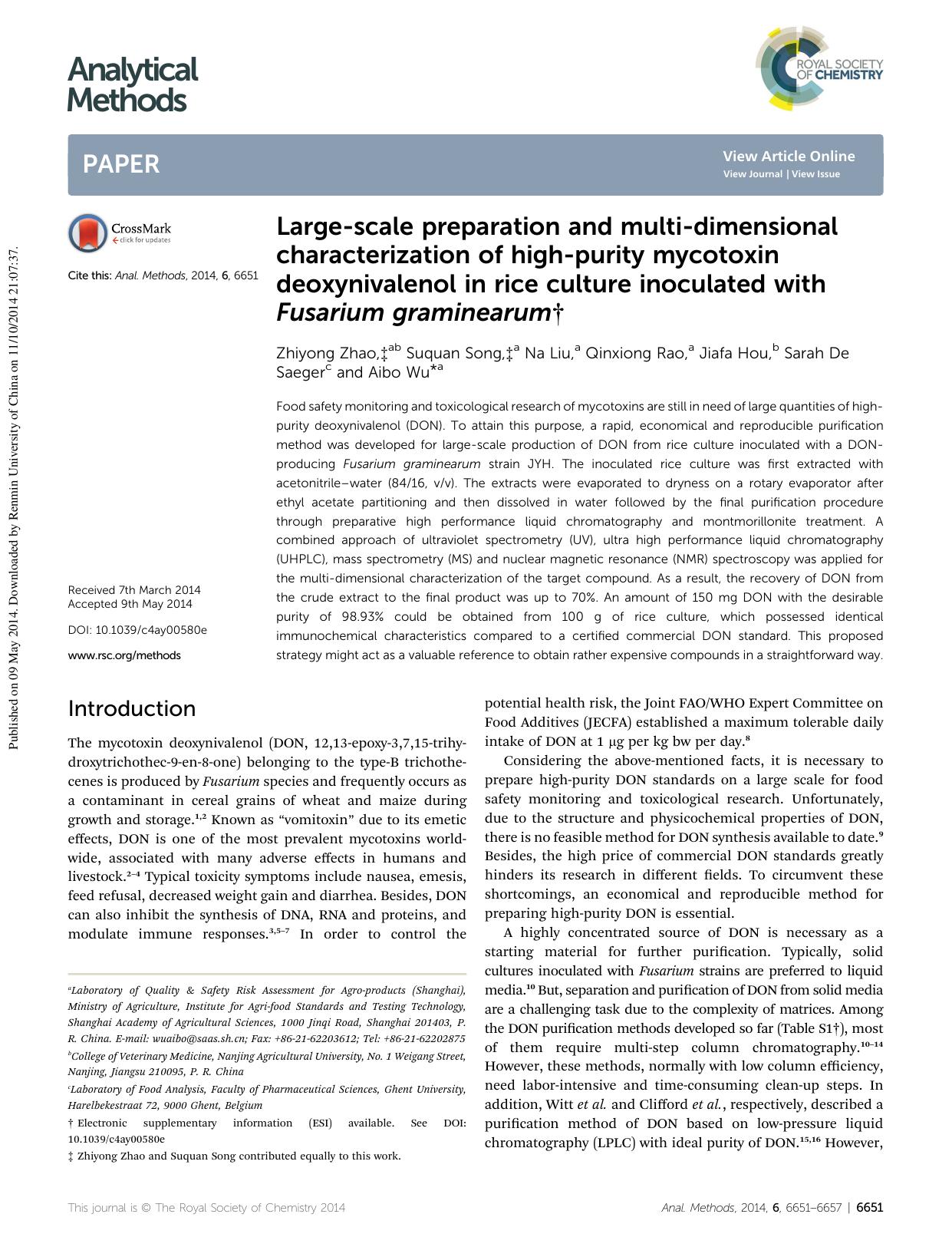 Large-scale preparation and multi-dimensional characterization of high-purity mycotoxin deoxynivalenol in rice culture inoculated with Fusarium graminearum by Zhiyong Zhao & Suquan Song & Na Liu & Qinxiong Rao & Jiafa Hou & Sarah De Saeger & Aibo Wu