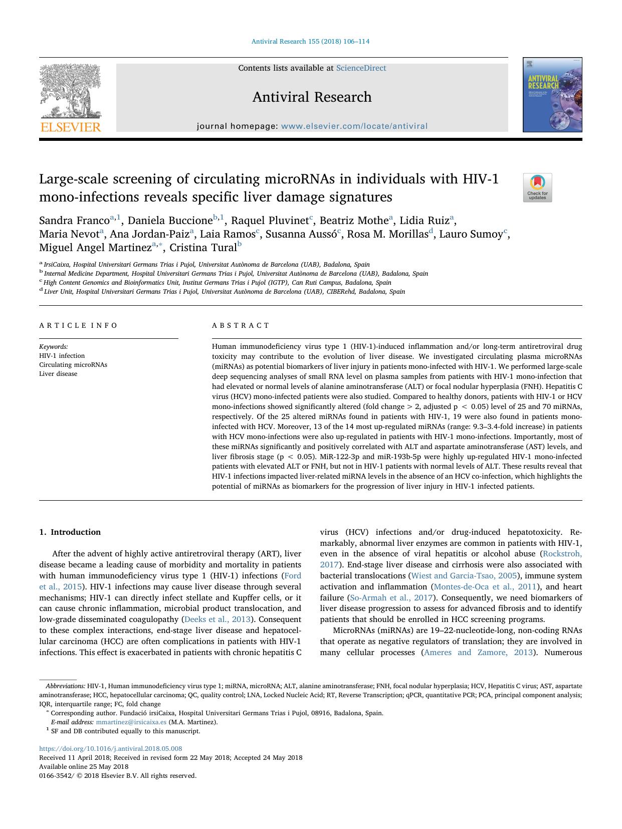Large-scale screening of circulating microRNAs in individuals with HIV-1 mono-infections reveals specific liver damage signatures by unknow