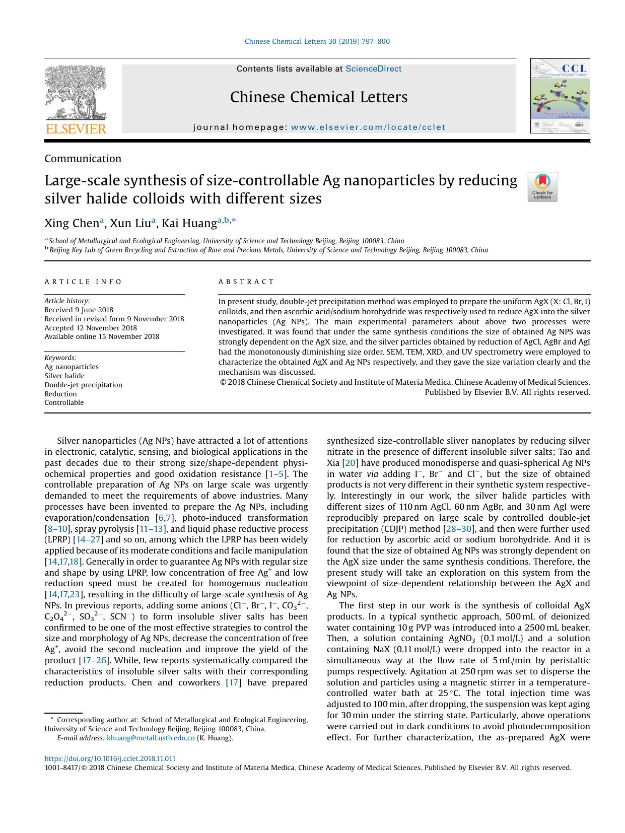Large-scale synthesis of size-controllable Ag nanoparticles by reducing silver halide colloids with different sizes by Xing Chen & Xun Liu & Kai Huang