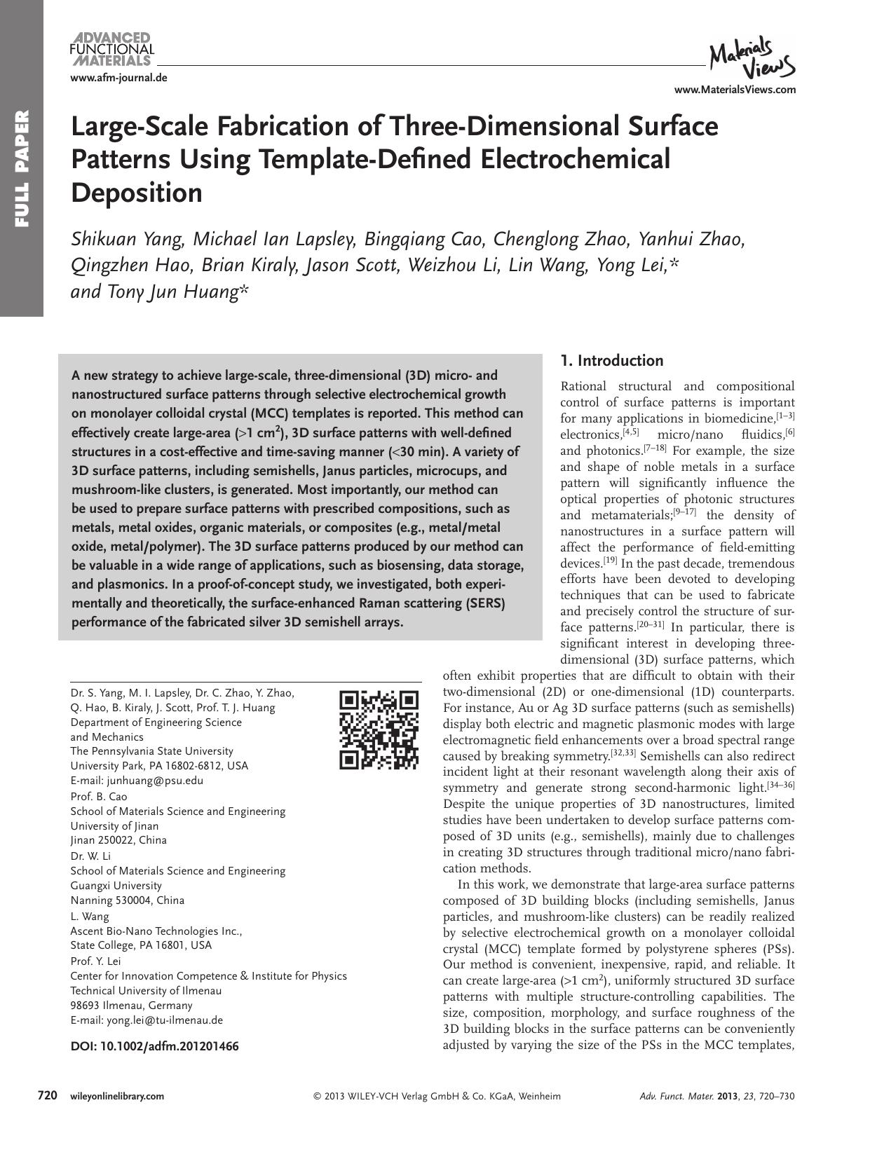 LargeScale Fabrication of ThreeDimensional Surface Patterns Using TemplateDefined Electrochemical Deposition by vng