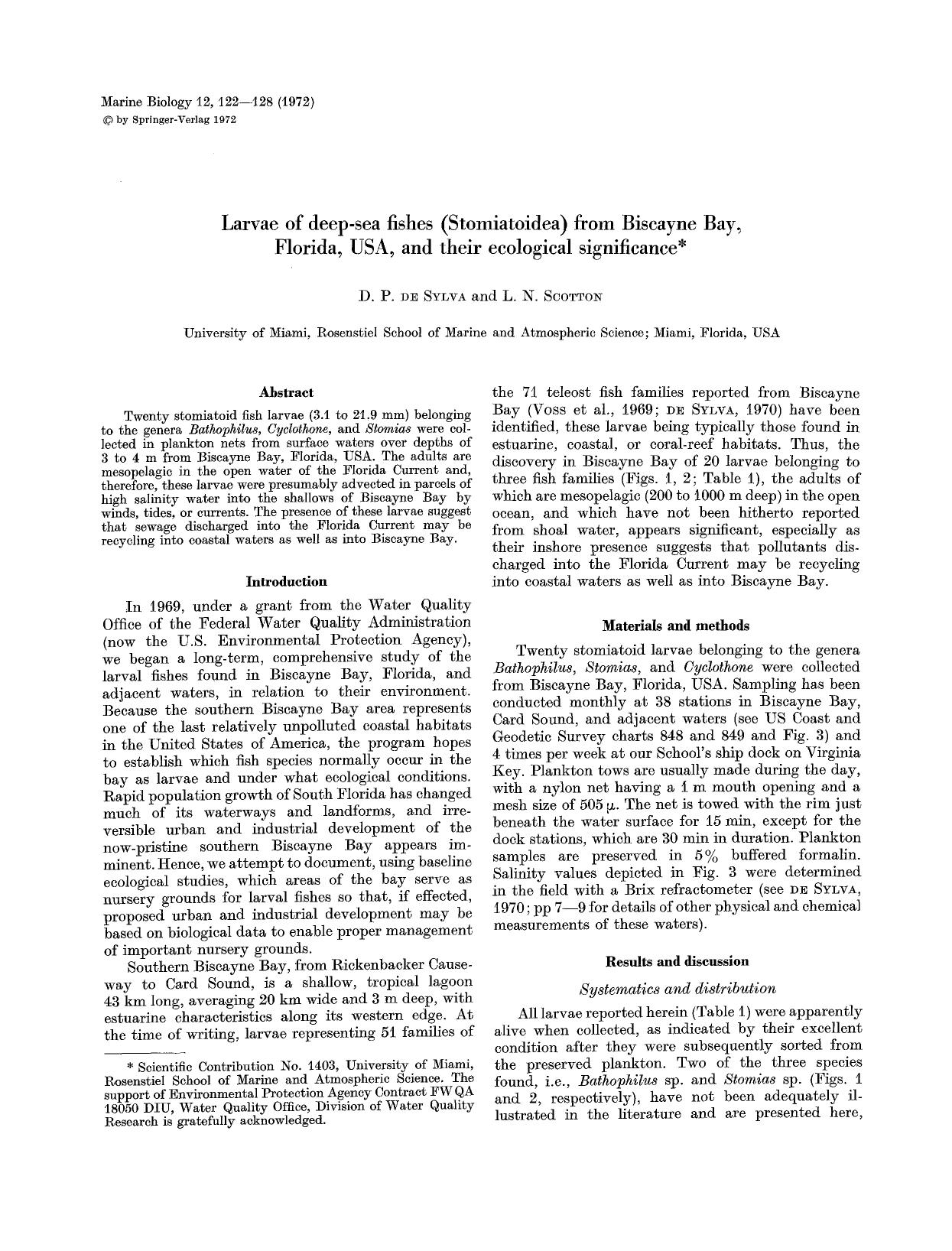 Larvae of deep-sea fishes (Stomiatoidea) from Biscayne Bay, Florida, USA, and their ecological significance by Unknown