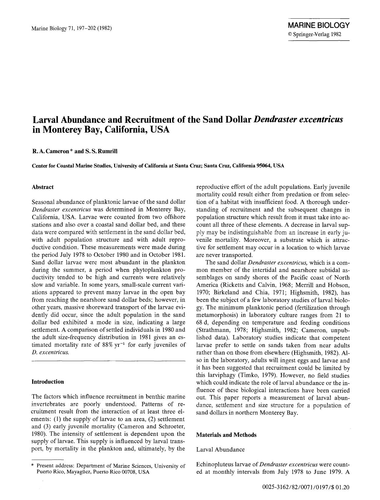 Larval abundance and recruitment of the sand dollar <Emphasis Type="Italic">Dendraster excentricus<Emphasis> in Monterey Bay, California, USA by Unknown