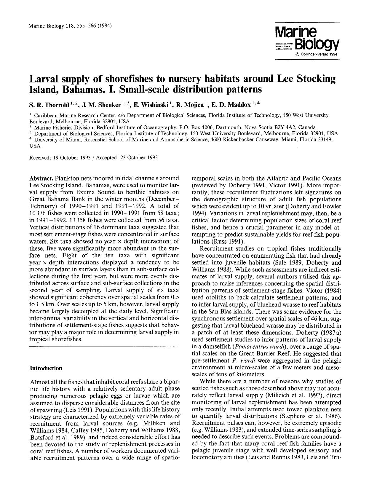 Larval supply of shorefishes to nursery habitats around Lee Stocking Island, Bahamas. I. Small-scale distribution patterns by Unknown