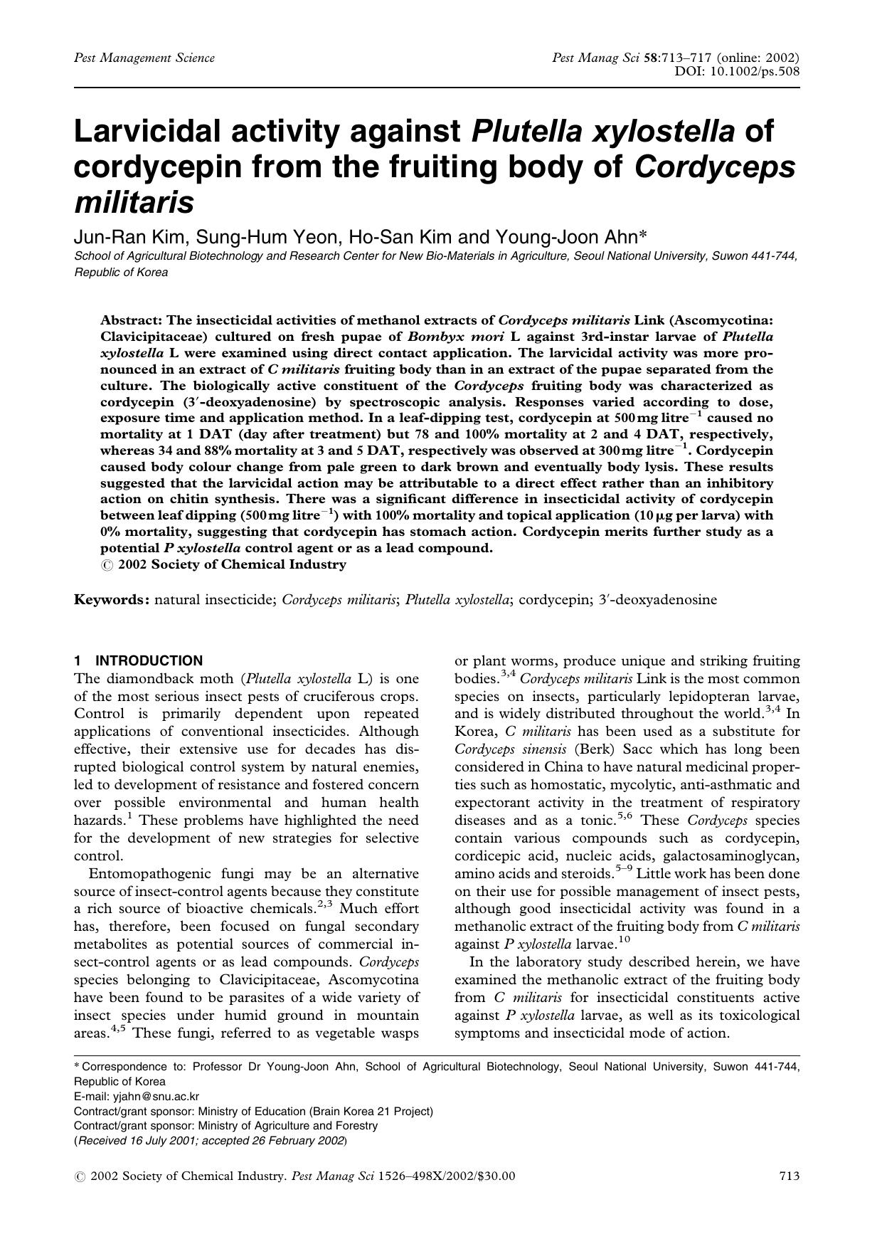 Larvicidal activity against Plutella xylostella of cordycepin from the fruiting body of Cordyceps militaris by Unknown