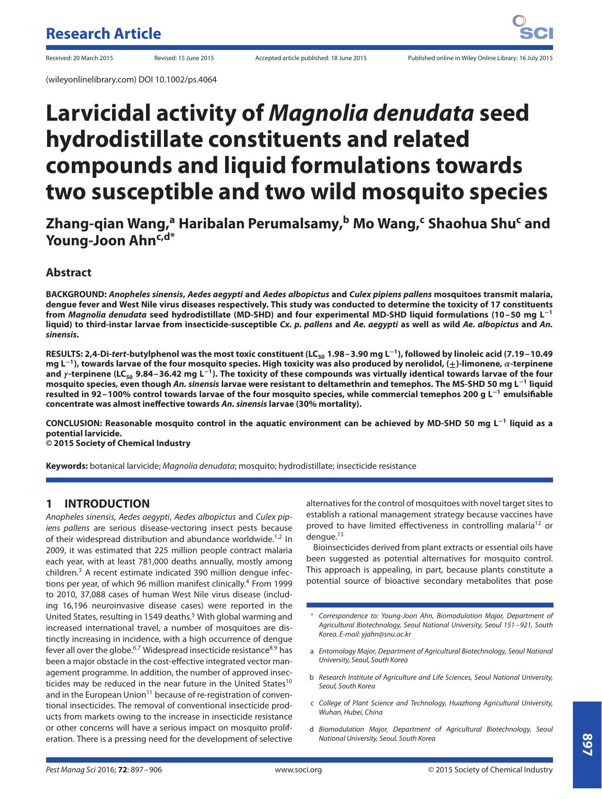 Larvicidal activity of Magnolia denudata seed hydrodistillate constituents and related compounds and liquid formulations towards two susceptible and two wild mosquito species by Unknown