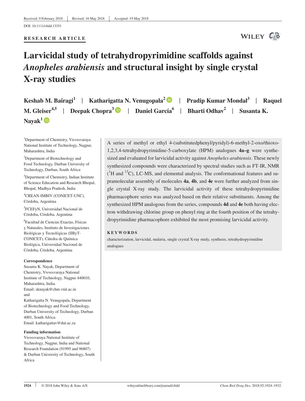 Larvicidal study of tetrahydropyrimidine scaffolds against Anopheles arabiensis and structural insight by single crystal X‐ray studies by unknow