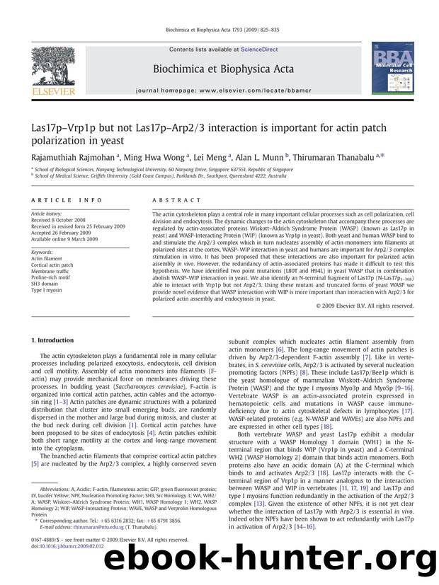 Las17pâVrp1p but not Las17pâArp23 interaction is important for actin patch polarization in yeast by Rajamuthiah Rajmohan; Ming Hwa Wong; Lei Meng; Alan L. Munn; Thirumaran Thanabalu