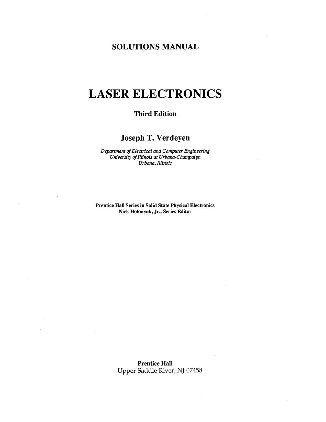 Laser Electronics Solution manual by Joseph T. Verdeyen