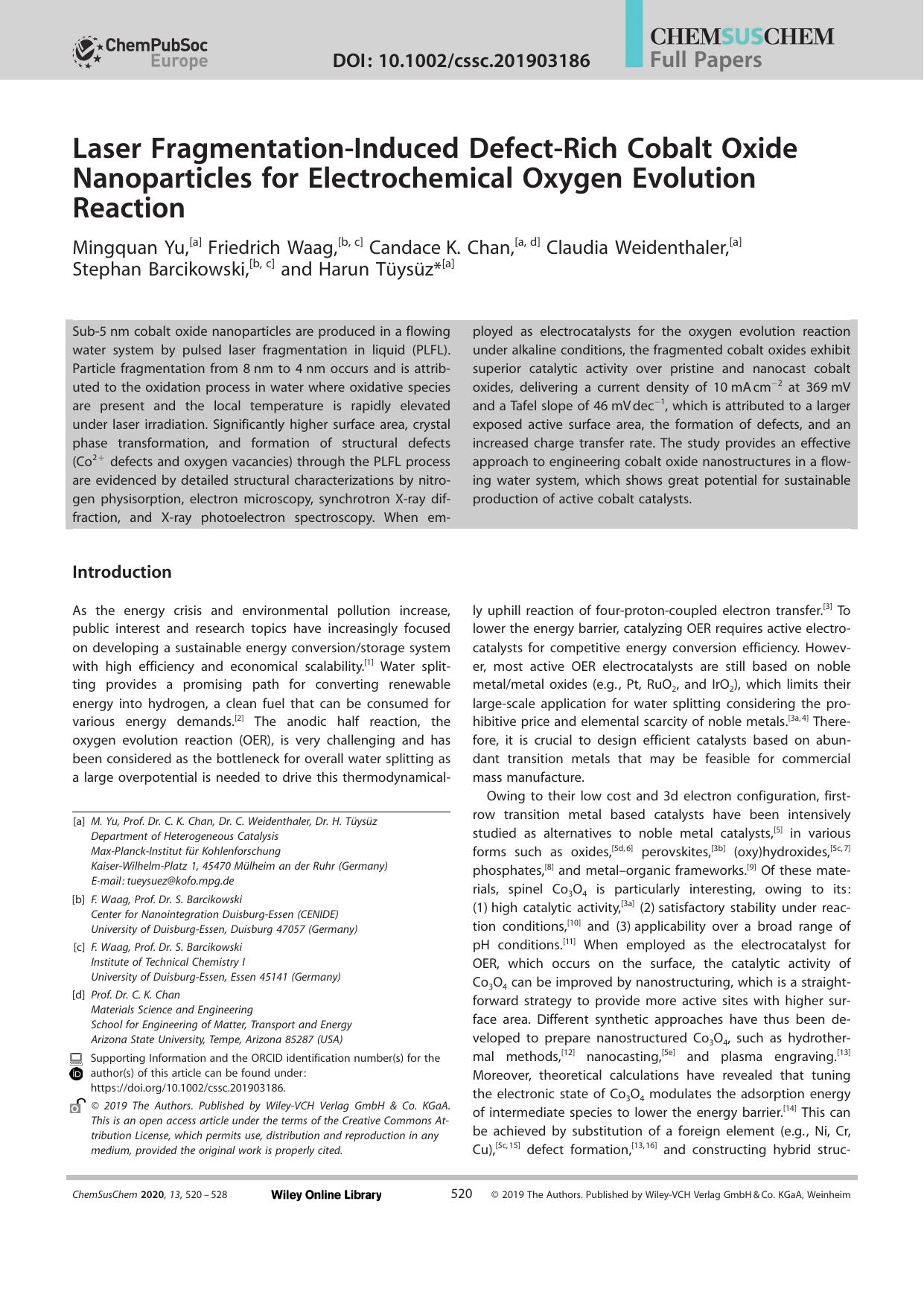 Laser FragmentationâInduced DefectâRich Cobalt Oxide Nanoparticles for Electrochemical Oxygen Evolution Reaction by Unknown