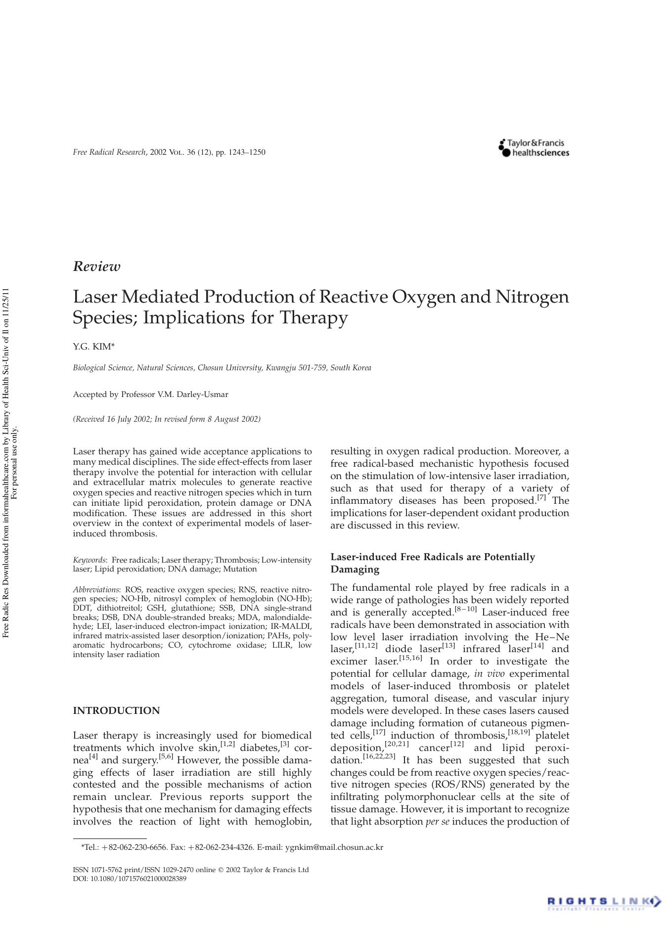 Laser Mediated Production of Reactive Oxygen and Nitrogen Species; Implications for Therapy by Y.G. Kim