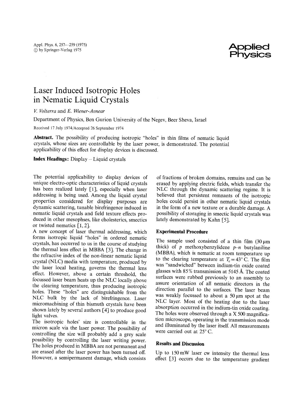 Laser induced isotropic holes in nematic liquid crystals by Unknown