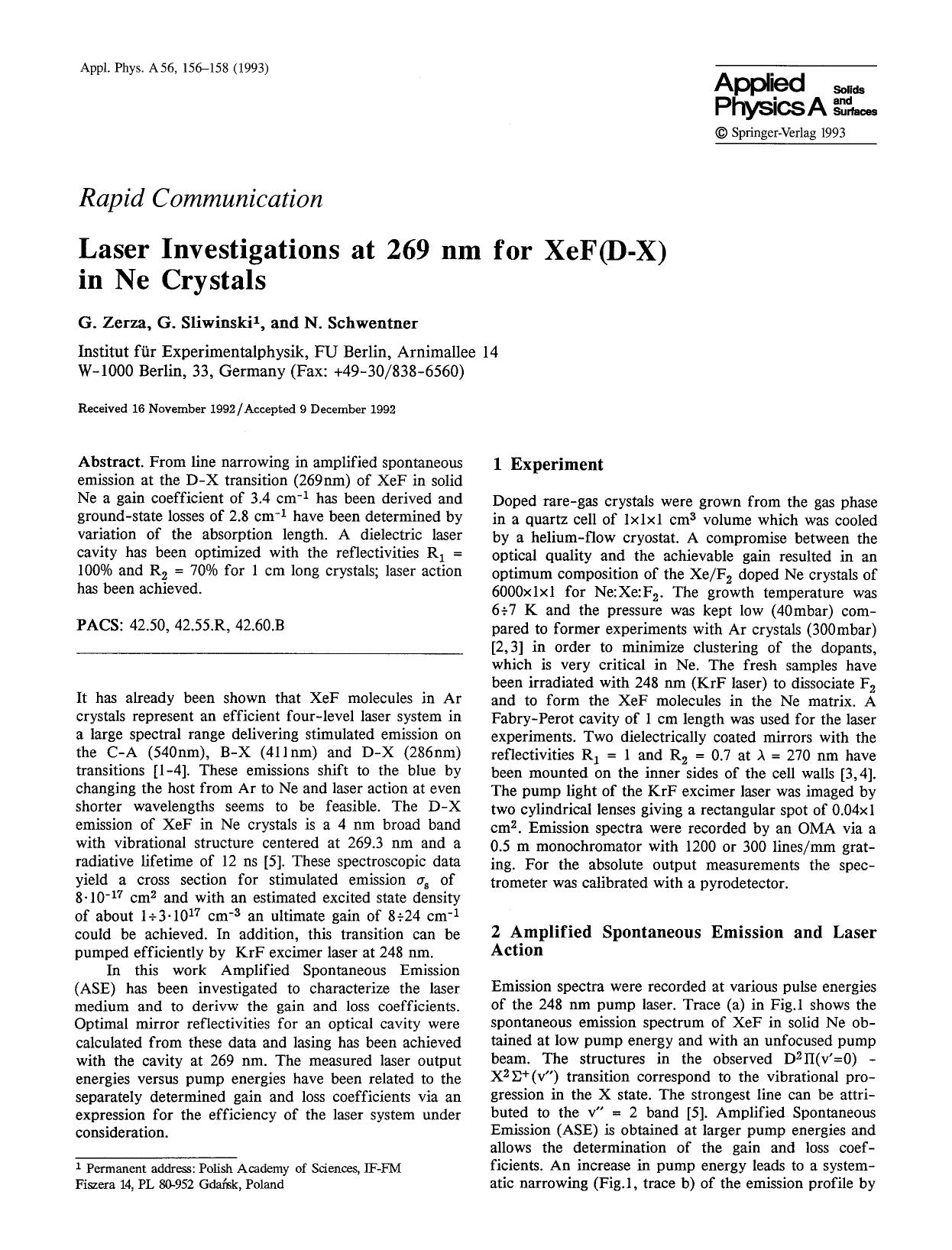 Laser investigations at 269 nm for XeF(D-X) in Ne crystals by Unknown