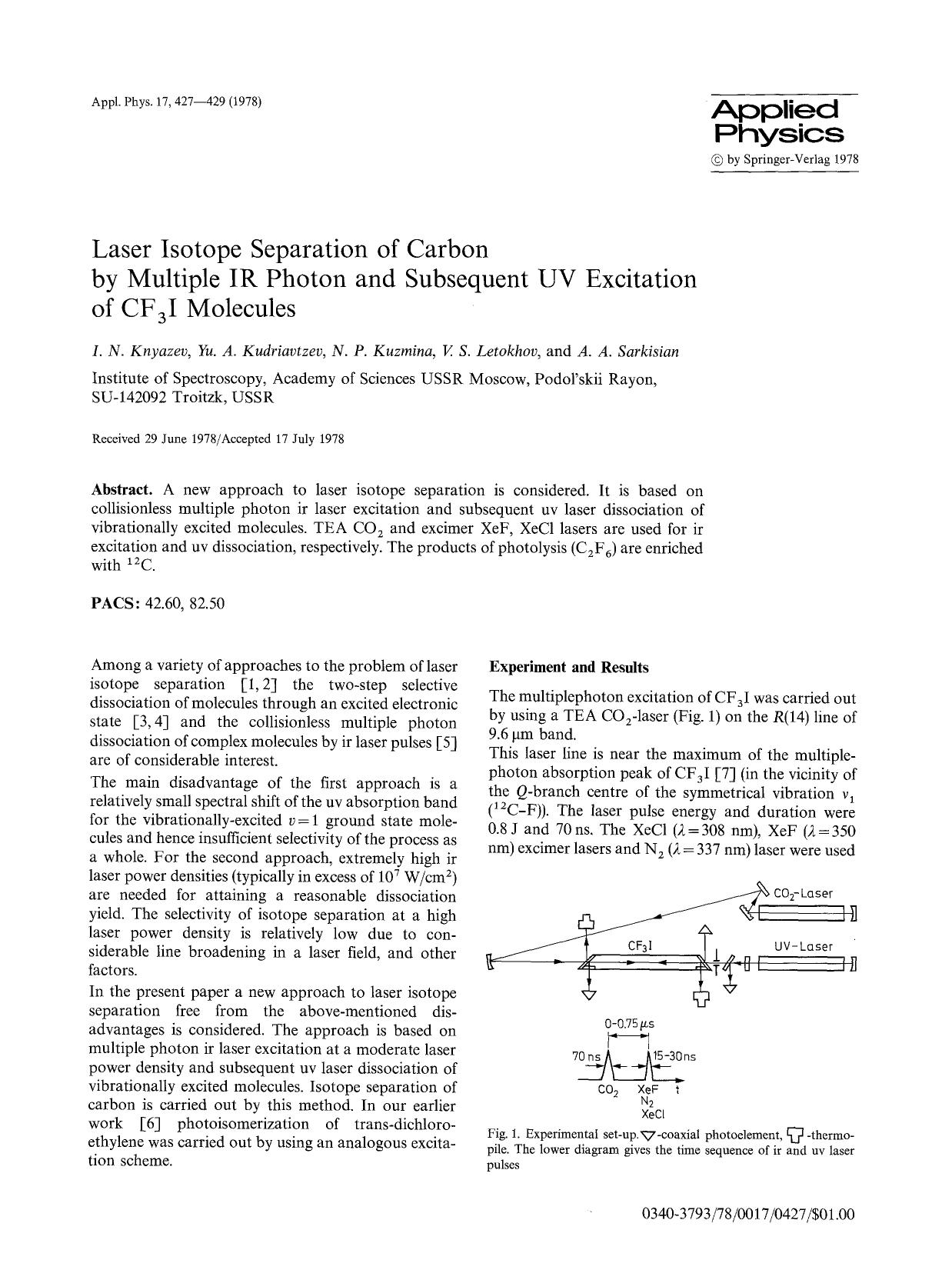 Laser isotope separation of carbon by multiple IR photon and subsequent UV excitation of CF <Subscript>3 <Subscript>I molecules by Unknown