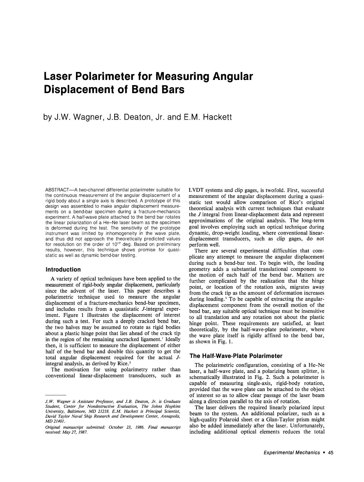 Laser polarimeter for measuring angular displacement of bend bars by Unknown