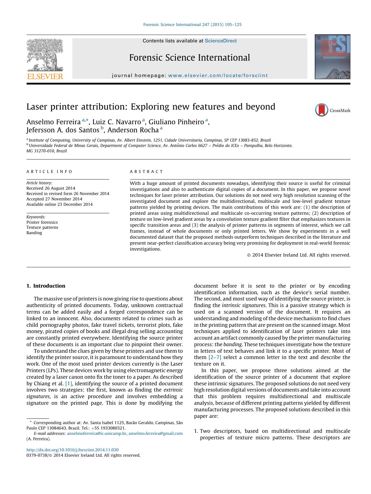 Laser printer attribution: Exploring new features and beyond by Anselmo Ferreira & Luiz C. Navarro & Giuliano Pinheiro & Jefersson A. dos Santos & Anderson Rocha
