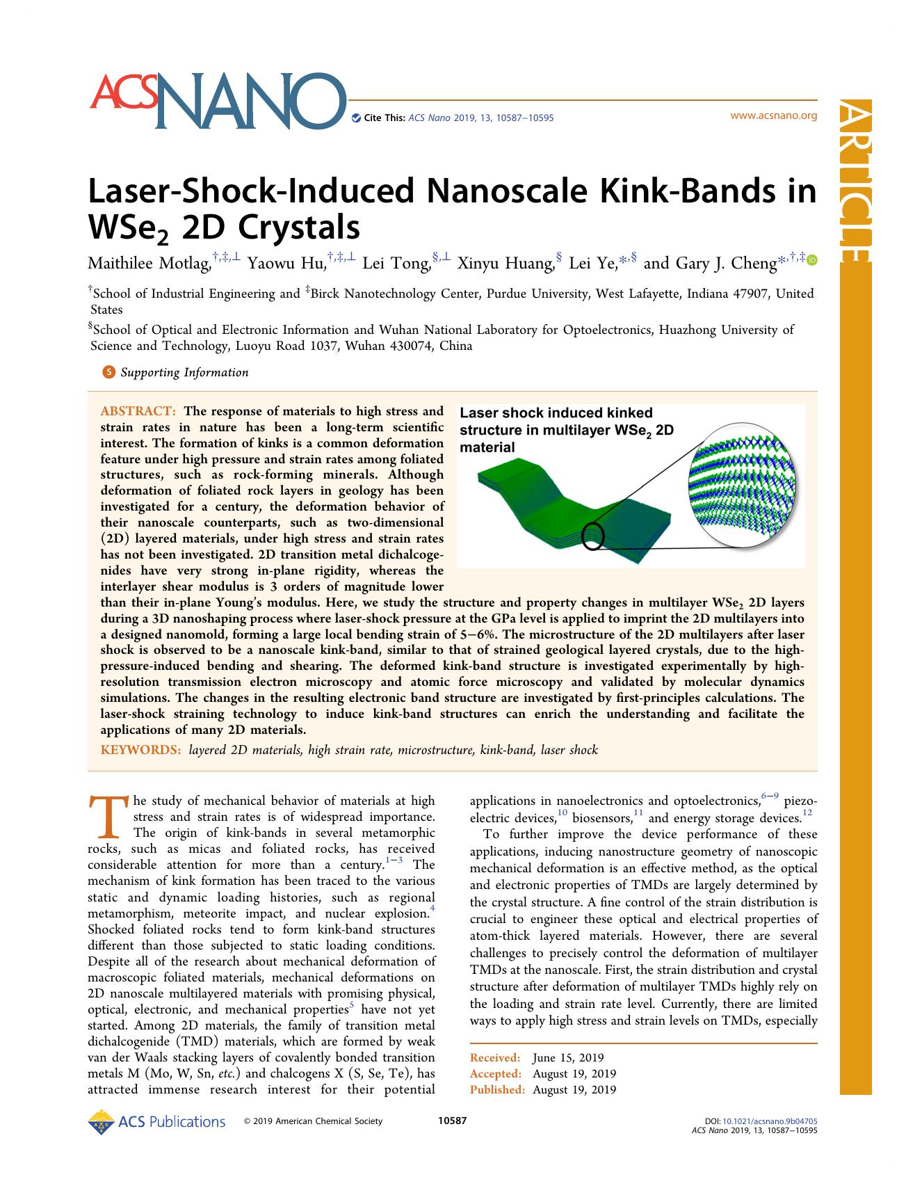 Laser-Shock-Induced Nanoscale Kink-Bands in WSe2 2D Crystals by Maithilee Motlag Yaowu Hu Lei Tong Xinyu Huang Lei Ye and Gary J. Cheng