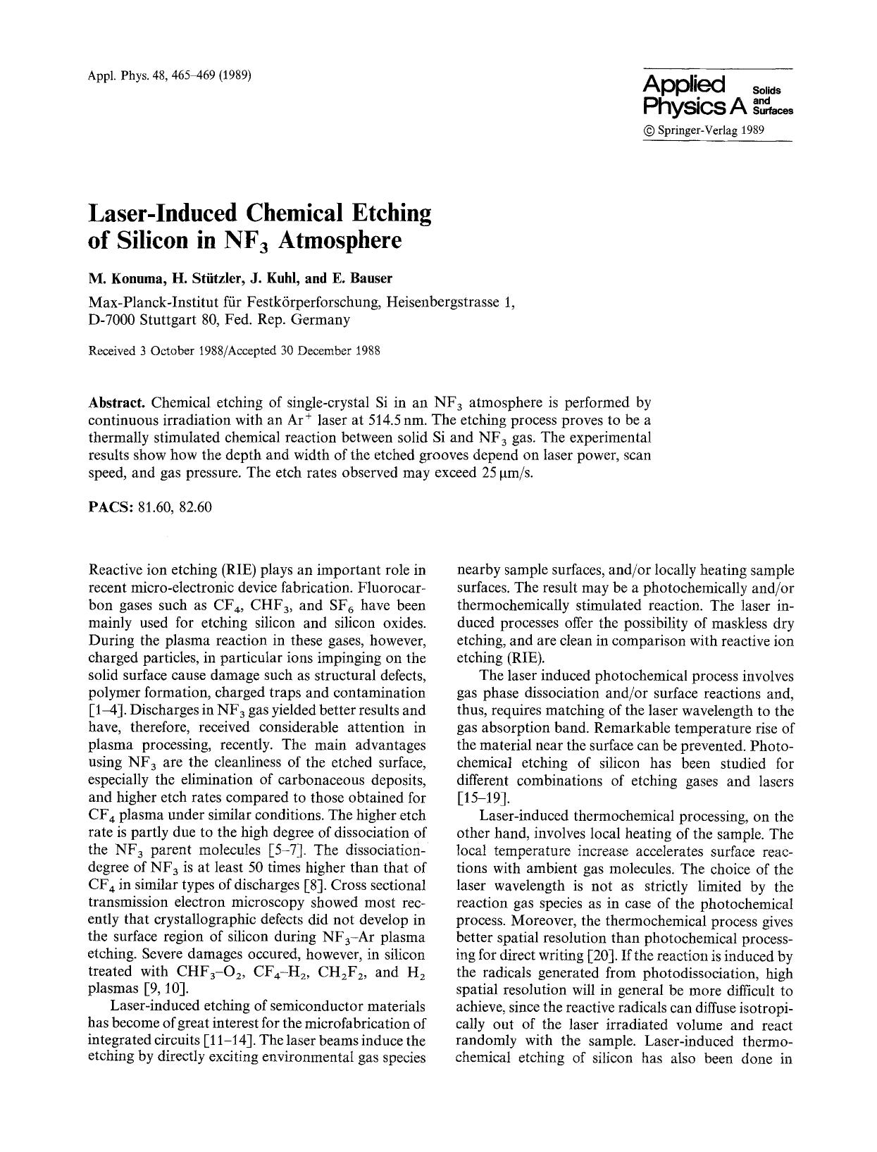 Laser-induced chemical etching of silicon in NF <Subscript>3 <Subscript> atmosphere by Unknown
