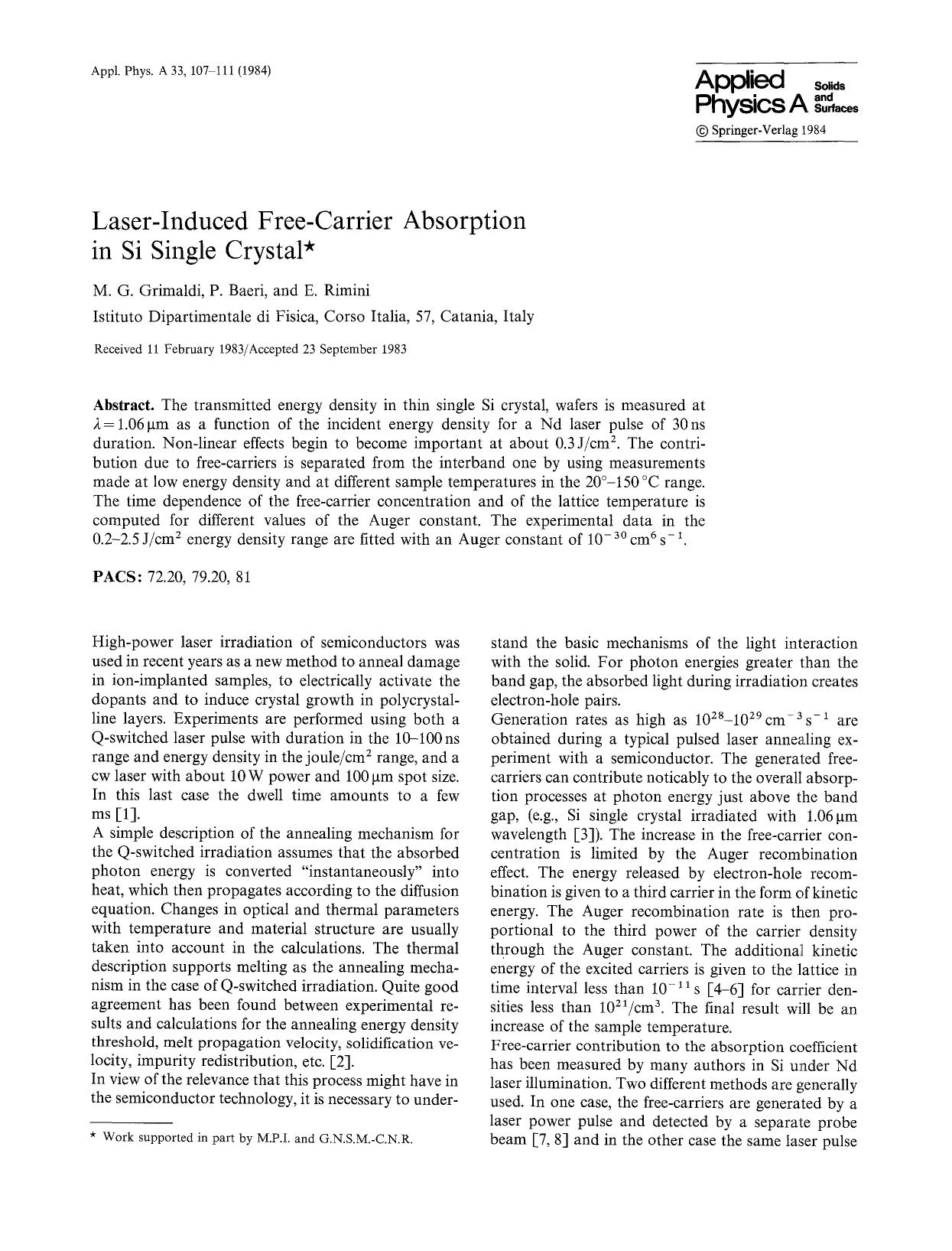 Laser-induced free-carrier absorption in Si single crystal by Unknown