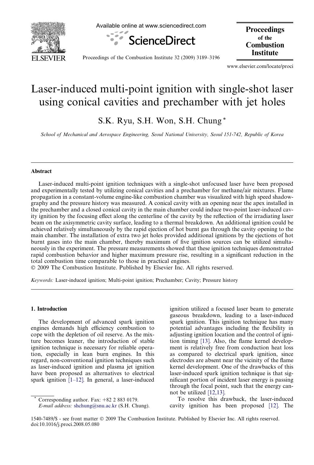 Laser-induced multi-point ignition with single-shot laser using conical cavities and prechamber with jet holes by S.K. Ryu; S.H. Won; S.H. Chung