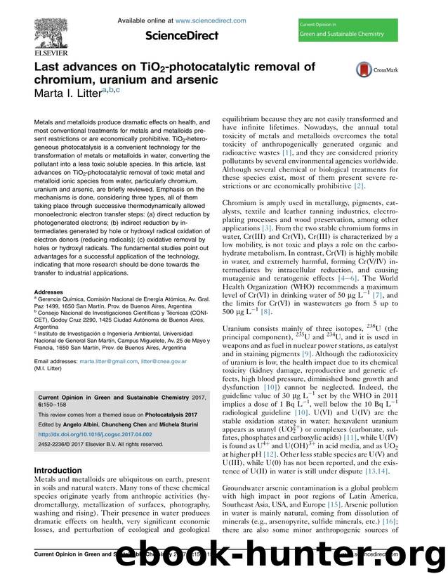 Last advances on TiO2-photocatalytic removal of chromium, uranium and arsenic by Marta I. Litter