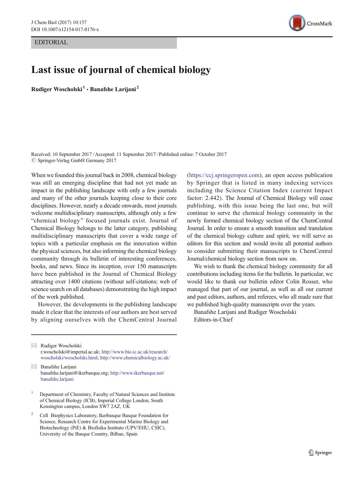 Last issue of journal of chemical biology by Rudiger Woscholski & Banafshe Larijani