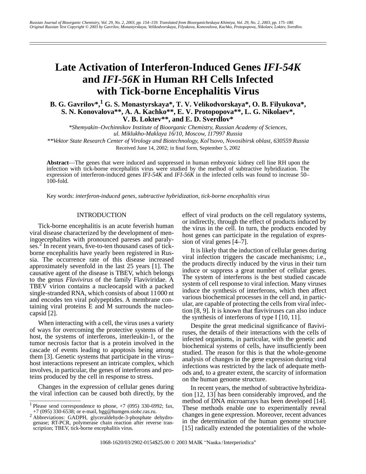 Late Activation of Interferon-Induced Genes <Emphasis Type="Italic">IFI-54K<Emphasis> and <Emphasis Type="Italic">IFI-56K<Emphasis> in Human RH Cells Infected with Tick-borne Encephalitis Virus by Unknown