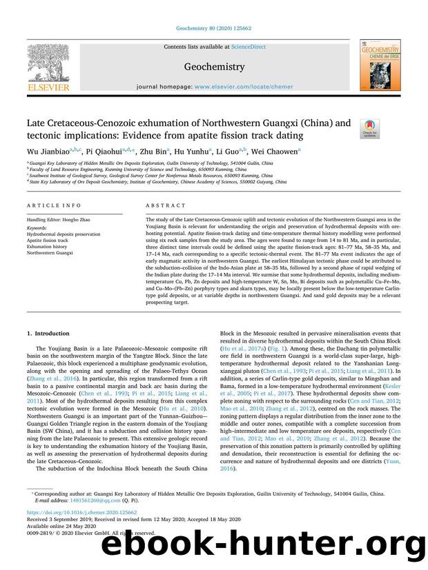 Late Cretaceous-Cenozoic exhumation of Northwestern Guangxi (China) and tectonic implications_ Evidence from apatite fission track dating by WuJianbiao & PiQiaohui & ZhuBin & HuYunhu & LiGuo & WeiChaowen