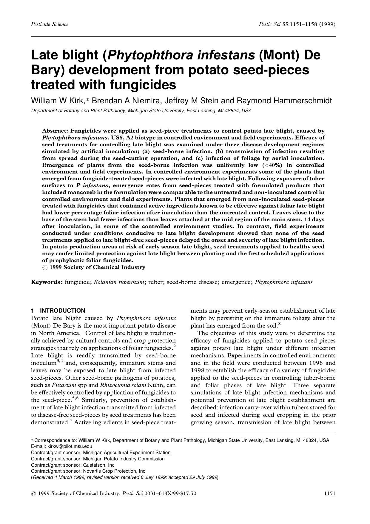 Late blight (Phytophthora infestans (Mont) De Bary) development from potato seedpieces treated with fungicides by Unknown