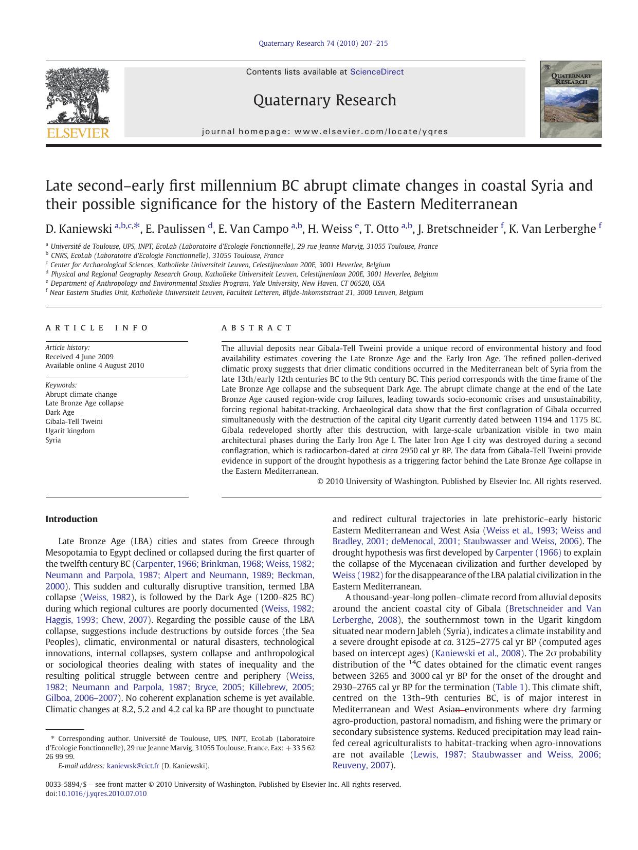 Late second-early first millennium BC abrupt climate changes in coastal Syria and their possible significance for the history of the Eastern Mediterranean by Kaniewski D. et al